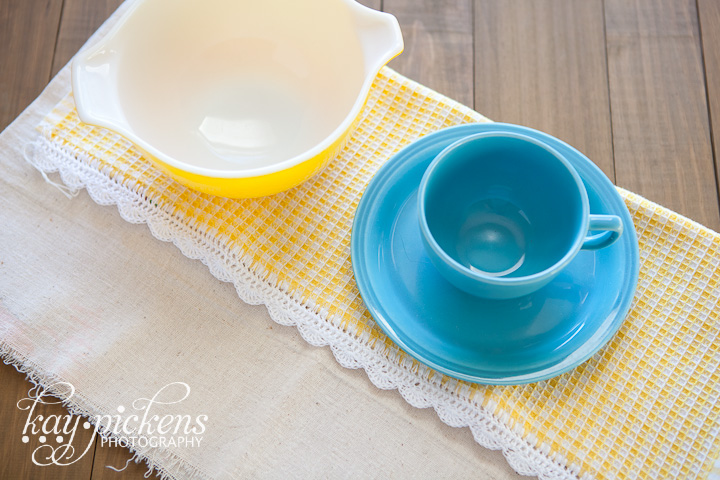 cute yellow pyrex bowl and teal coffee cup